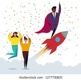 Business startup concept vector flat illustration. Businessman launches rocket into the sky. Officepresent a new startup project business plan, development of investment search. Successful launch.