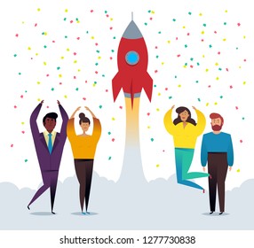 Business startup concept vector flat illustration. Businessman launches rocket into the sky. Officepresent a new startup project business plan, development of investment search. Successful launch.