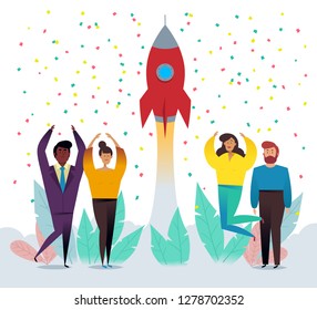 Business startup concept vector flat illustration. Businessman launches rocket into the sky. Officepresent a new startup project business plan, development of investment search. Successful launch.