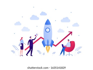 Business startup concept. Vector flat person illustration. Group of male and female businessman holding loudspeaker, laptop, tablet. Rocket and line chart. Design element for banner, background