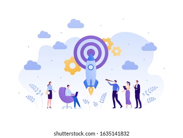 Business startup concept. Vector flat person illustration. Group of male and female employee holding spyglass, laptop, tablet. Rocket hit target. Design element for banner, background