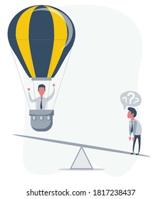 Business startup concept. Vector illustration with a businessman flying up on a hot air balloon and a loser. Flat design
