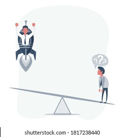 Concepto de inicio de negocio. Ilustración vectorial con un empresario volando sobre un cohete y un perdedor. Diseño plano