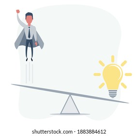 Business startup concept. Vector illustration with a businessman flying high up and a lightbulb. Flat design