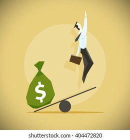 Business startup concept. Vector illustration with a businessman flying up and a bag full of money.