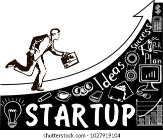 Business startup concept vector sketch hand drawn illustration. Businessman running up the arrow, business and finance icon set.