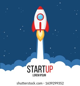 Business startup concept for web page, banner, presentation, social media. Rocket launch and smoke. Startup project concept. Vector illustration for any design.