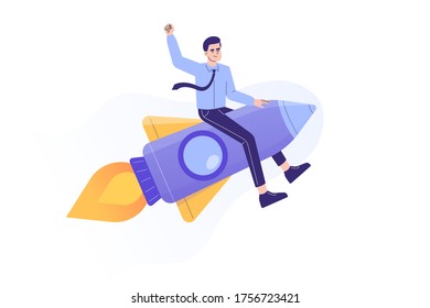 Business Startup Concept. Young business man flying on a rocket up. Startup your project. Launching of a new company. Boosting business idea. Modern flat design. Isolated vector illustration