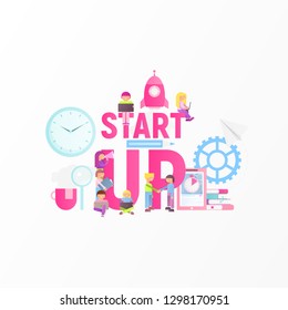 Business Startup Concept - Young People Using Mobile Gadgets and Launching Rocket near Big Letters. Vector Illustration for Web Page, Social Media and Landing Page. Trendy Colors, White Background.
