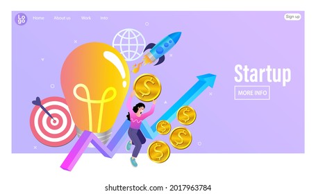 Business startup, creative idea. presentation with rocket. project and business. Business woman and lightbulb. financial investment. Cartoon Flat Vector Illustration.