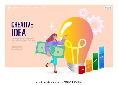 Inicio de negocios, idea creativa. proyecto y negocio. mujer y bombilla. inversión financiera. crecimiento personal, desarrollo profesional, aumento de ingresos. Ilustración de vectores planos de dibujos animados.