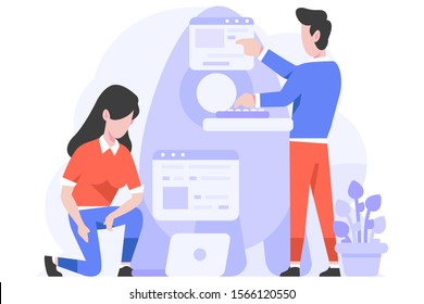 Business startup developer doing rocket launch date development setting people character flat design style Vector Illustration 