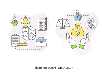 Desarrollo empresarial y de start-up con conjunto de composición de línea de vector de cerebro y dinero