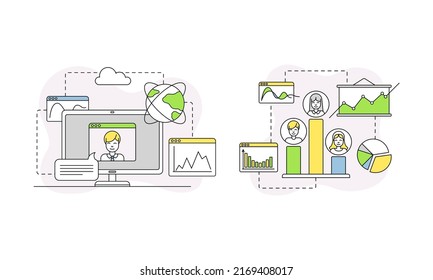 Business and Start-up Development with Chart and Diagram Vector Line Composition Set