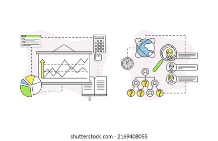 Business and Start-up Development with Chart and Human Resource Search Vector Line Composition Set