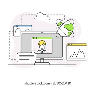 Business and Start-up Development with Computer and Globe Vector Line Composition