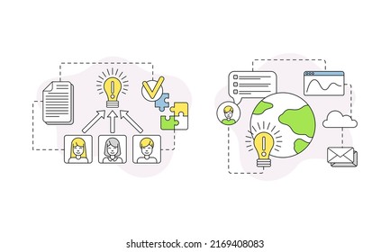 Business and Start-up Development with Globe and Light Bulb Vector Line Composition Set