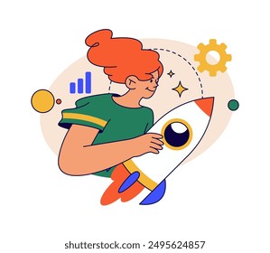 Business startup and development of innovative ideas. Vector flat female cartoon character starting enterprise or company. Launching project or profitable service for clients