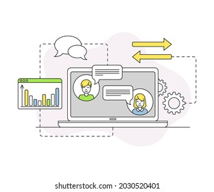 Desarrollo empresarial y de start-up con la composición de la línea de vectores de comunicación para portátiles y redes