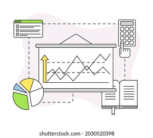 Business and Start-up Development mit Gewinndiagramm und Vectorlinienkomposition der Rechner