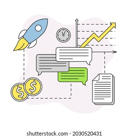 Business and Start-up Development with Rocket Launch and Growth Graph Vector Line Composition