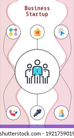 business startup editable infographic template with icons of karaoke, workflow, maid, house, click, conversation, group