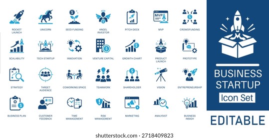 Conjunto de iconos sólidos de inicio de negocios y emprendimiento. Incluye símbolos para Lanzamiento de Cohetes, Pitch Deck, Financiación de Semillas y Unicornio. Iconos sólidos del vector para el Plan empresarial y la innovación.