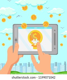 Business Startup and Finance. Image of Money on Screen. Start Up Technology Concept. Digital Technology, Money, Development and Financial Business. Vector Flat Illustration.