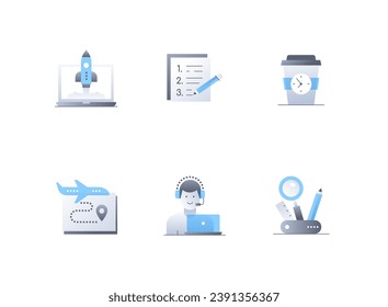 Business and startup - flat design style icons set. High quality colorful images of project and rocket launch, checklist, time for coffee break, flight route, male online manager and stationery set