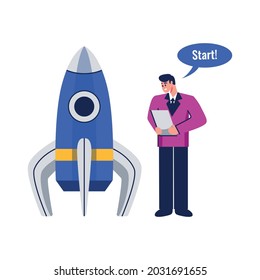 Business startup flat icon with rocket and happy businessman character isolated vector illustration