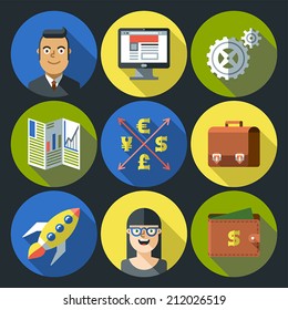 Business startup flat long shadow design circle icon set 2. Trendy illustrations.