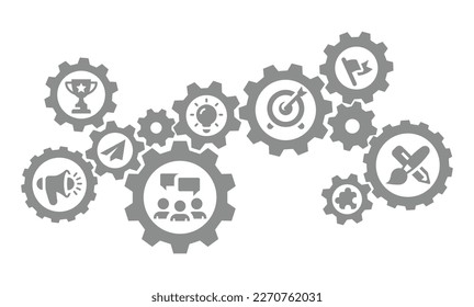 Business startup and gears vector icon template. Gear mechanism, flag, megaphone, team fill icons.