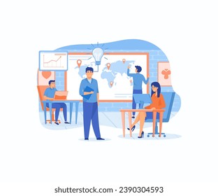 Business startup. A group of people  are thinking over an idea. prepare a business project start up. rise of the career to success, flat vector modern illustration 