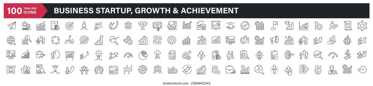 Business startup, growth and achievement line icons. Editable stroke. For website marketing design, logo, app, template, ui, etc. Vector illustration.