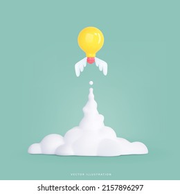 Business startup and business growth concept. 3d render flying light bulb is like a rocket. Creative concept idea. Vector illustration