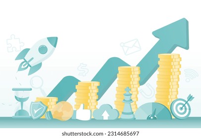 Business startup and growth up concept. Stacks of money and arrows pointing up represent successful business success. Strategy management, tactical planning, goals and target. Vector illustration.