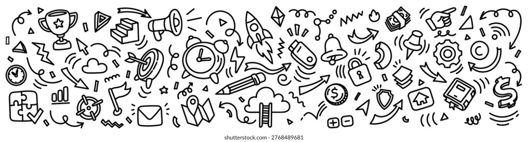 Business and startup hand drawn background, vector line art doodle illustration with rocket, trophy, puzzle, megaphone and target icons. Creative process and success concept pattern on white