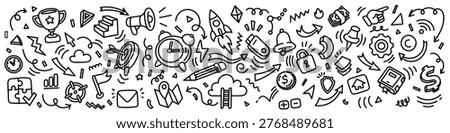 Business and startup hand drawn background, vector line art doodle illustration with rocket, trophy, puzzle, megaphone and target icons. Creative process and success concept pattern on white