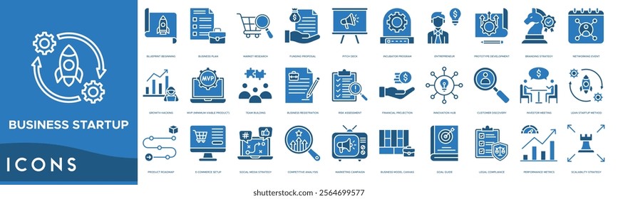 Business startup icon. Blueprint Beginning, Business Plan, Market Research, Funding Proposal and Pitch Deck