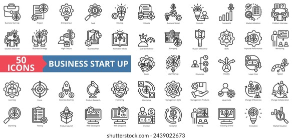 Business startup icon collection set. Containing project, entrepreneur, company, business, management, development, collaboration icon. Simple line vector illustration.