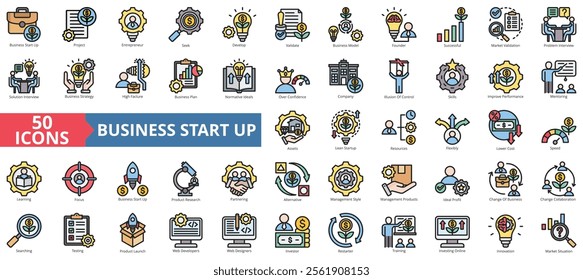 Business startup icon collection set. Containing project, entrepreneur, company, business, management, development, collaboration icon. Simple flat outline vector illustration
