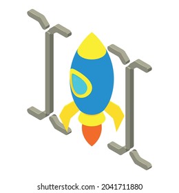 Business startup icon isometric vector. Toy space rocket launch icon. Creative idea, financial technology, cryptocurrency concept, blockchain technology