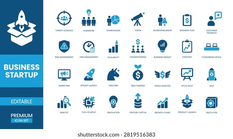 Business Startup Icon Set 28 Blue Flat Icons for Entrepreneurship Investment and Growth Strategy