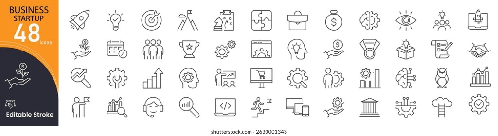 Business startup icon set. Entrepreneurship and new venture related line icons: launch, idea, innovation, funding, team, growth, pitch, planning, strategy, success and more. Editable stroke. 