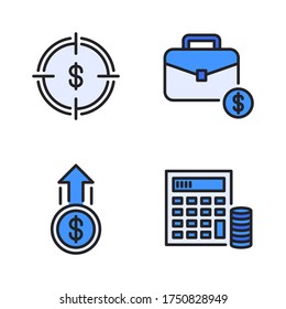 Juego de iconos de inicio de negocio (línea llena) = destino, maletín, crecimiento, calculadora
