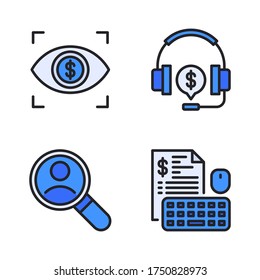 Business startup icon set (Filled Line) = eye focus, headphone, search, business strategy