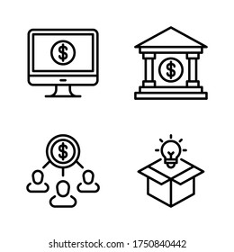 Business startup icon set = monitor earning, bank, peer to peer, unboxing idea