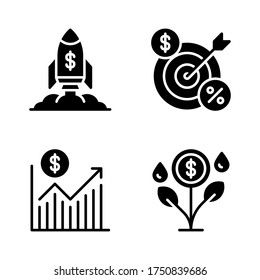 Business startup icon set = rocket launch, target, graph, business growth