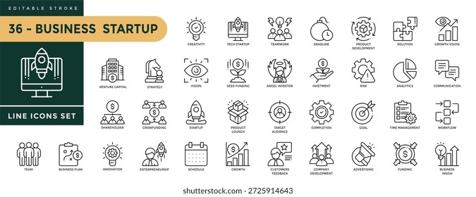 Ícones de Inicialização de Negócios definidos com traço editável, incluindo criatividade, tecnologia, trabalho em equipe, prazo, investimento, lançamento de produto, completo, solução, fluxo de trabalho, gerenciamento de tempo. Ilustração de vetor linear fino