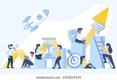 Concepto de ideas de emprendimiento de negocios. Actividad de la planificación de la estrategia de los empresarios, la gestión táctica, la competencia, las oportunidades y los objetivos comerciales. Ilustración de diseño de vector plano.